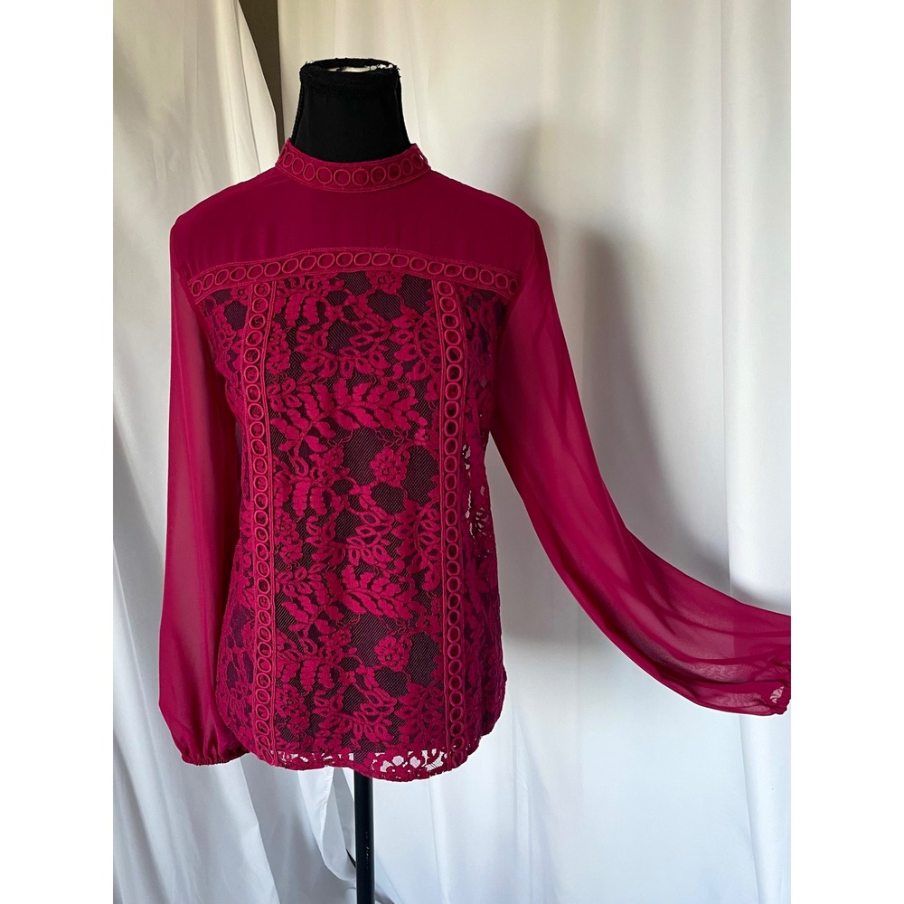 Long Sleeve Wine Red Sheer Floral Lace Blouse Sz M Mock Neck Keyhole Embroidered